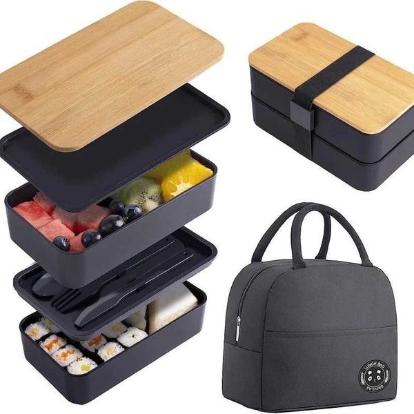 Wooden Cover Divided Lunch Box Outdoor Microwave Food Container Portable Double Layer Japanese Wood Bento Box for KidsXJ240829