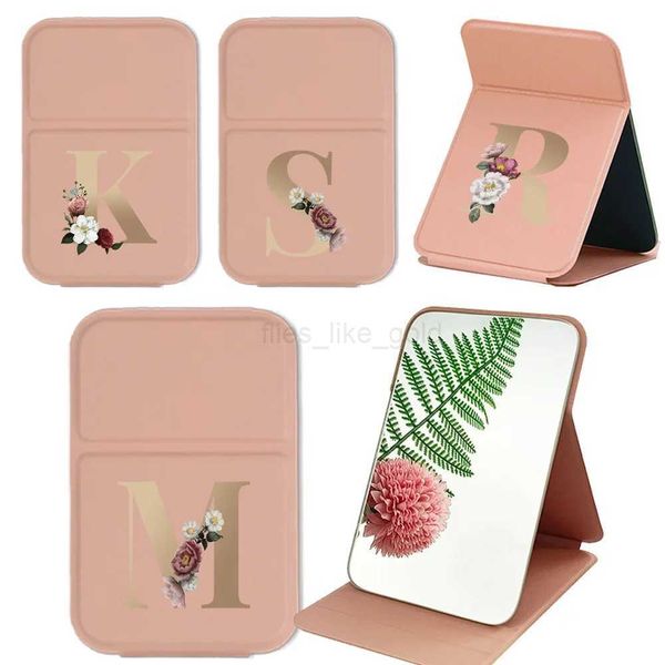 Foldable desktop makeup mirror portable PU handheld travel makeup mirror mirror leather anti slip pocket mirror gold letter pattern W240813