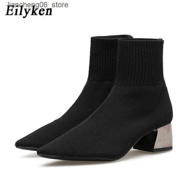 Boots Eilyken Fashion Knitted Stretch Fabric Sewing Women Ankle Boots Square Heels Winter Pointed Toe Ladies Sock Booties L240910