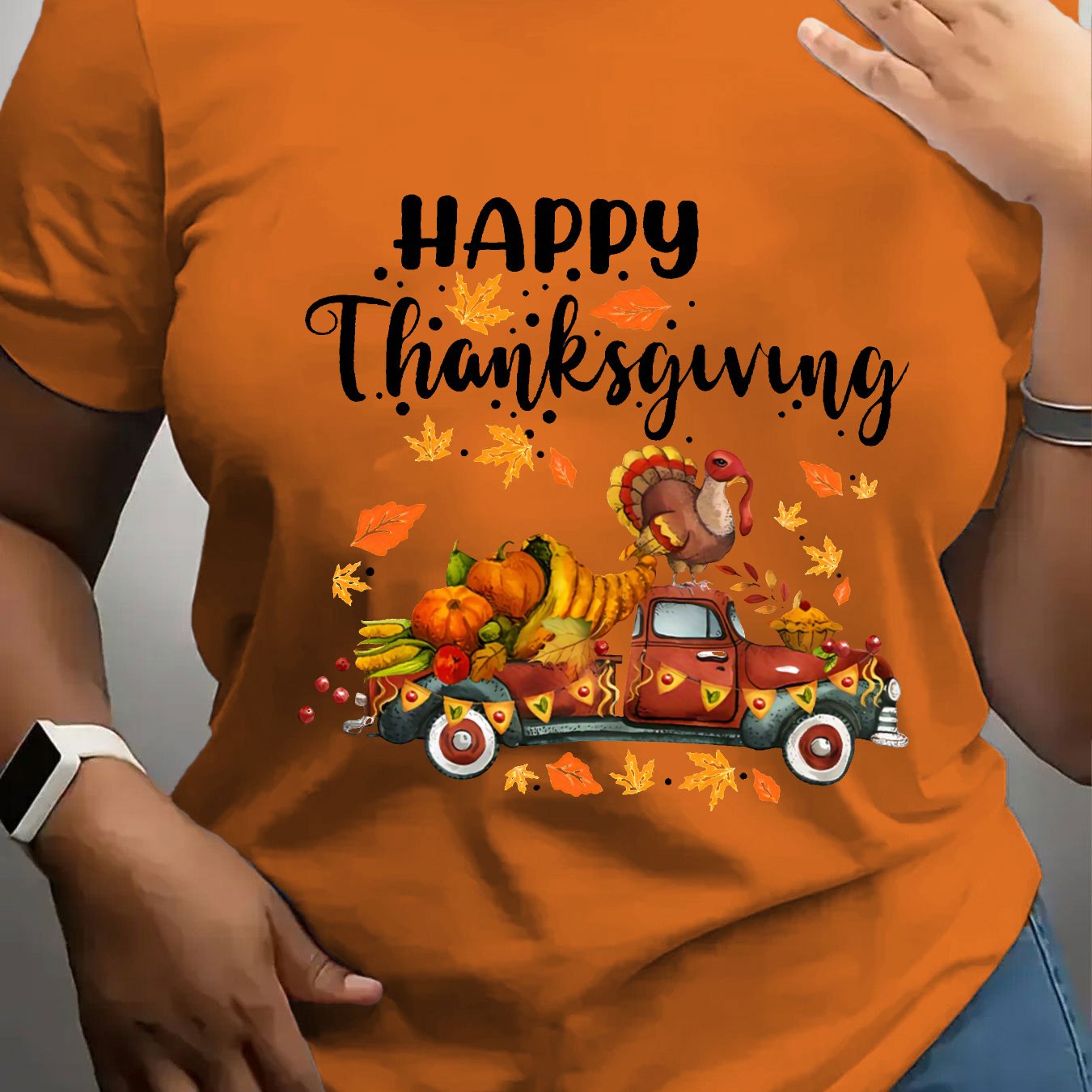 TEMU Women's Thanksgiving Turkey & Pumpkin Print T-shirt - 100% Casual Round Neck Short Sleeve Top With Happy Thanksgiving Lettering, & , White &