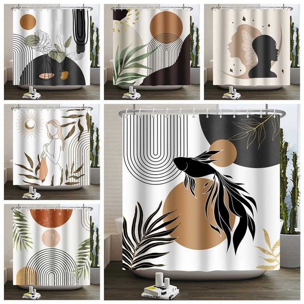 Medieval Abstract Bohemian Modern Minimalist Arches Solar Geometry Nordic Waterproof Bathroom Curtain W240808