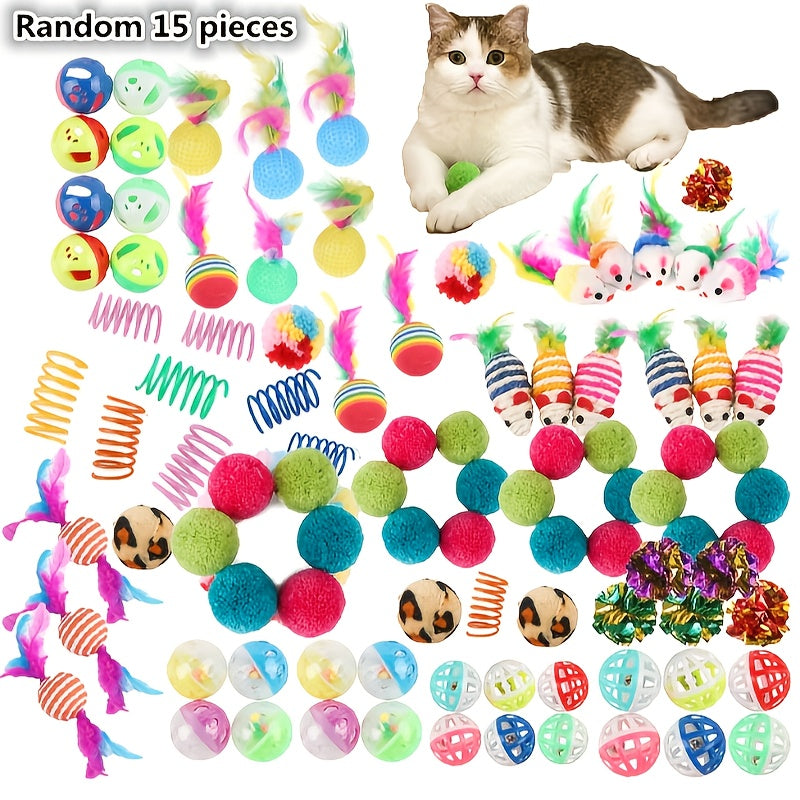 TEMU 15-30-50-100pcs Cat Toy Assortment, Plastic Teaser Wands With Plush Toys, Random Colors, Styles, And Sizes For Multiple Cats, No Battery