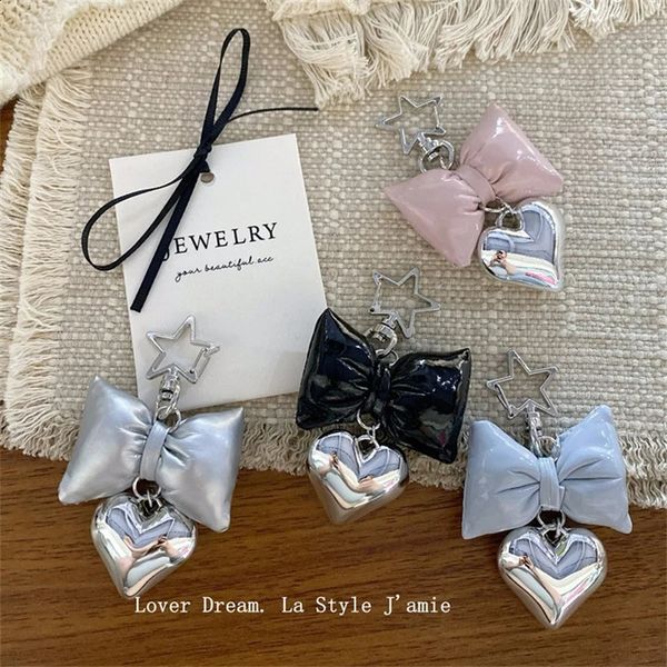 Ins style PU bow keychain three way heart-shaped mobile phone pendant pentagonal headphone case charming packaging decoration car keychain 2