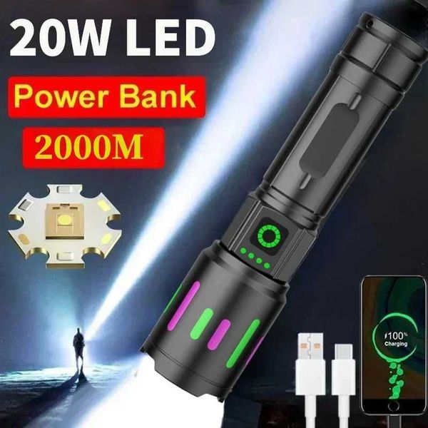 High power spotlight 2000M long-distance LED flashlight C-type charging output zoom aluminum alloy camping flashlight X241109