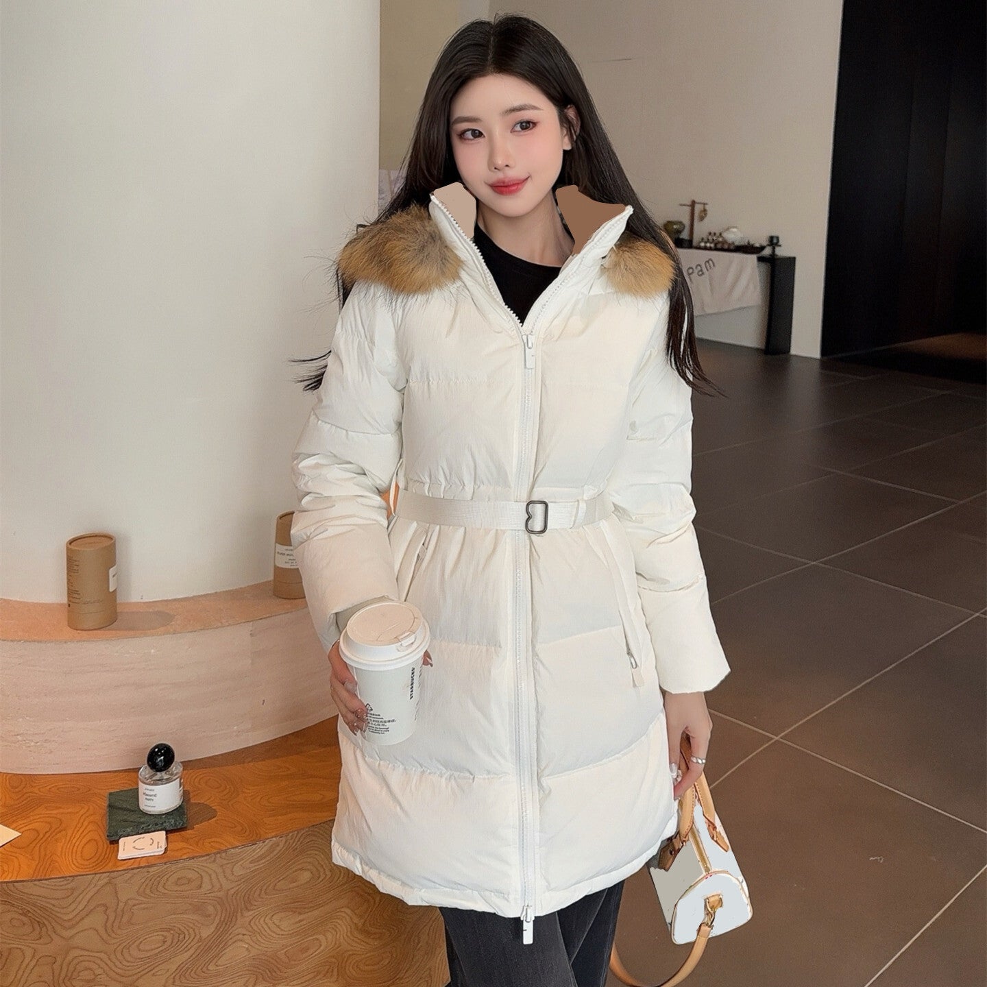 Womens Fashion Mid Long Down Jacket Elegant Slim Fit Lightweight Puffer Coat Premium Luxury Outerwear with White Goose Down Filling Warm