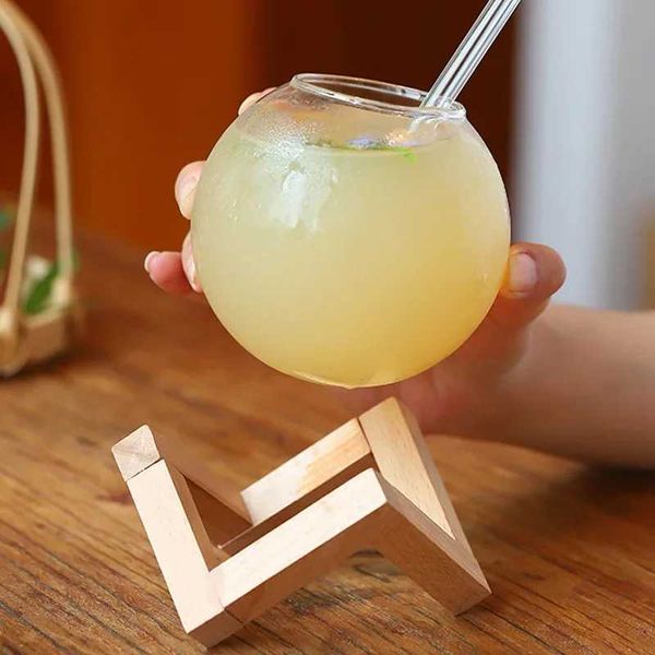Creative Moon Round Beverage Glass with Wooden Frame Cocktail Cup Iced Sand Fruit Moon Juice Roller Transparent CL240905
