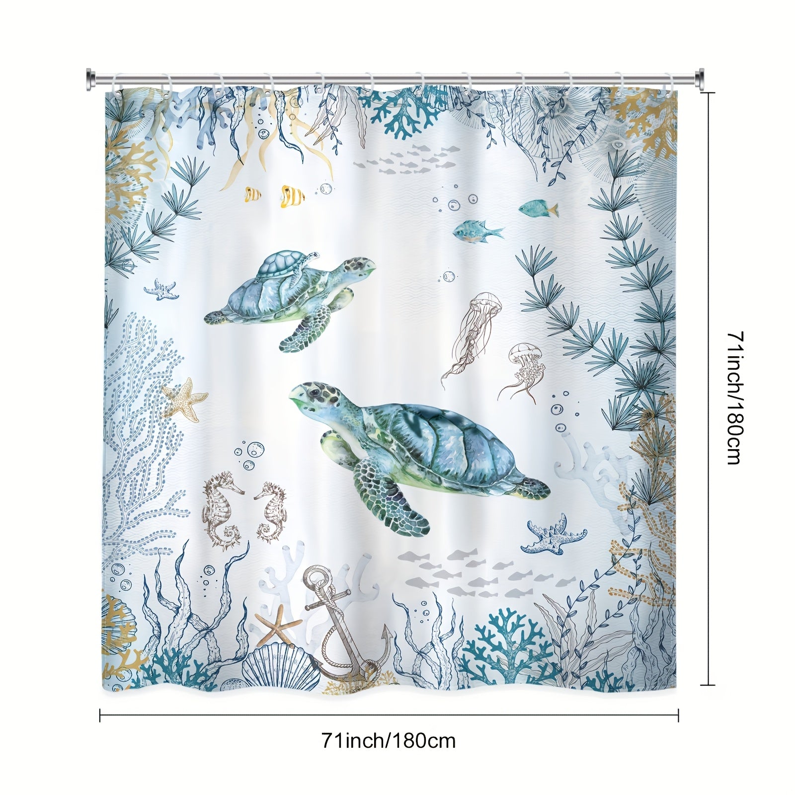 TEMU 1-4pcs - Polyester - Sea Turtle Shower Curtain Blue Beach Coastal Nautical Fish Plants Animal Print Waterproof Bath Home Decor With 12 Plastic
