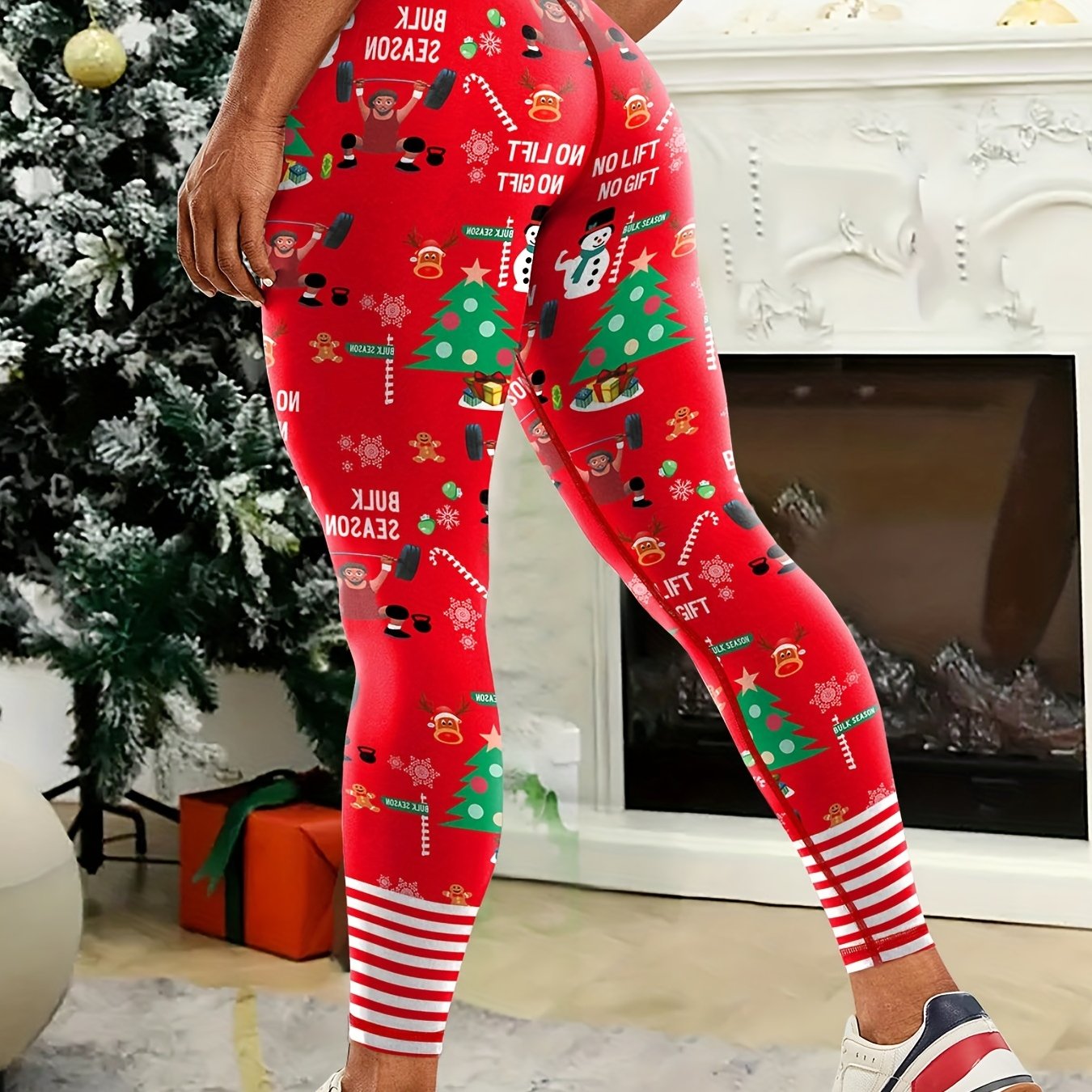 TEMU Christmas Print Running Yoga Leggings, High Waist Hip Lifting Workout Sports Pants, Women's Activewear