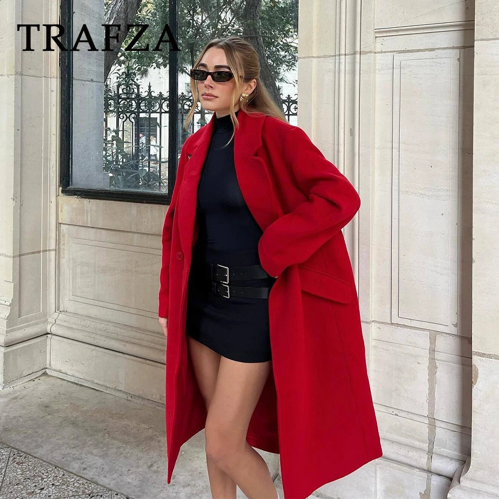 TRAFZA 2024 Autumn Winter Women Casual Long Coats Fashion Streetwear Solid Turn Down Collar Single Breasted Elegant Jackets 240919