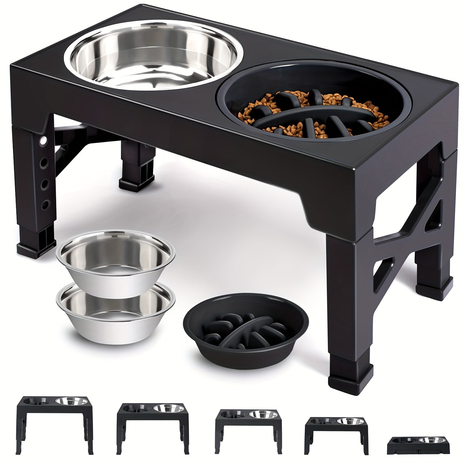 TEMU Adjustable Height Elevated Dog Bowl Stand, 5-level Adjustment From 3.2" To 12.2", Includes 2 Stainless Steel Food Bowls & Slow Feeder, Sturdy