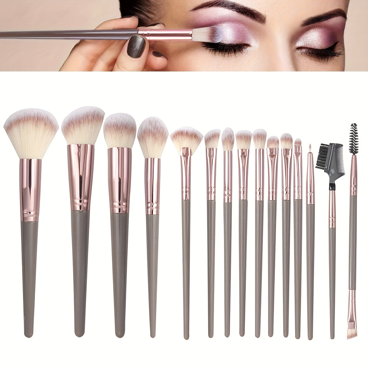 TEMU Professional Makeup Brush Set Face Eye Makeup Brush With Washbag, 20 Brushes, Hair Ties, Wristbands, Large & Sponges, Fan & Thumb , Makeup Brush
