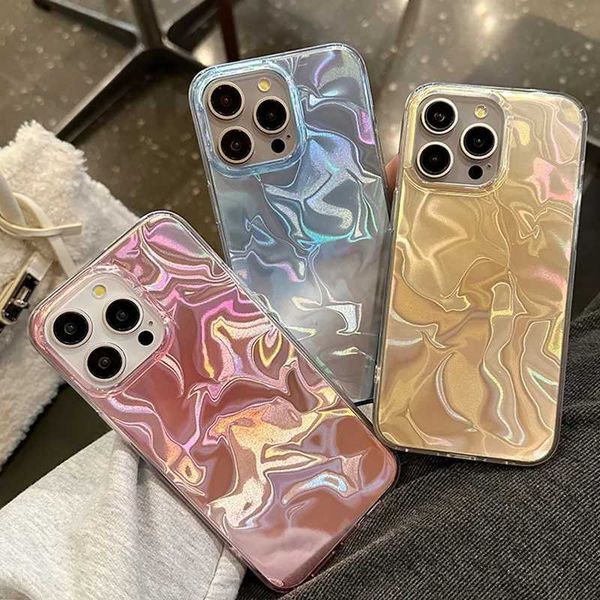For Laser Dazzling Pleated Aurora Water Ripple Phone Case For iPhone 16 15 14 13 12 11 Pro Max XS XR 7 8 Plus Fantasy Glitter Cover X241014