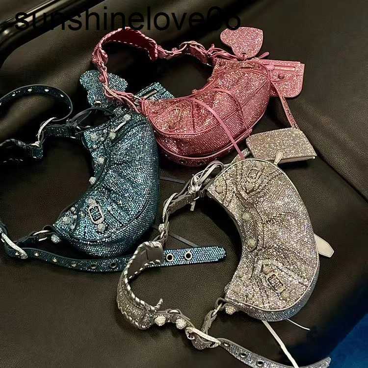 mirror quality shiny LE CAGOLE crossbody pochette bag motorcycle half moon Women&#039;s mens Designer rhinestone purse diamond Luxury tote handbags