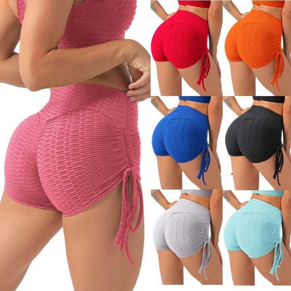 Shorts ativos shorts de ioga de cordão ativo feminino plus size bubble jacquard sports perna de verão alta corda de fitness shorts j250111