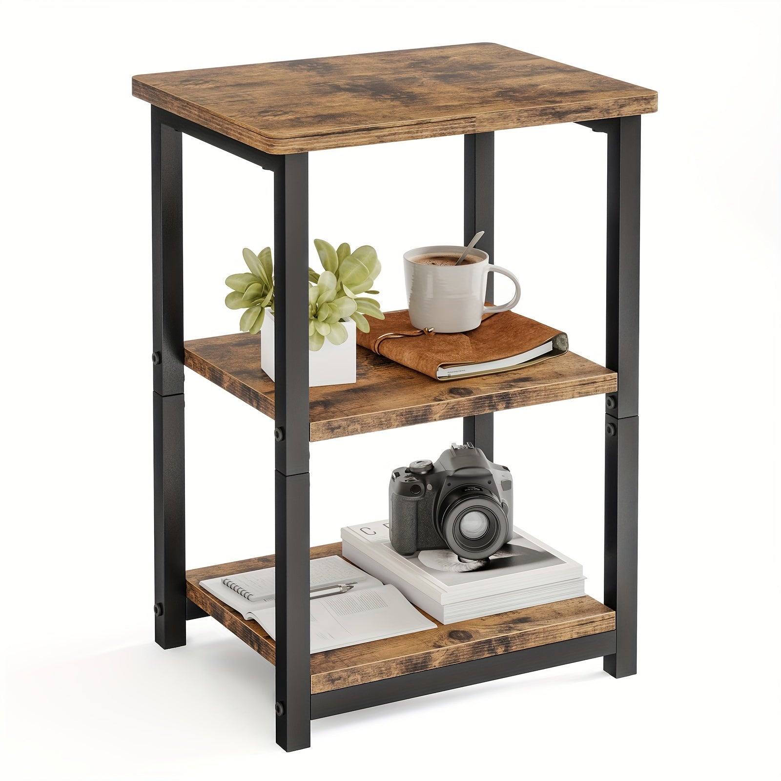 TEMU Tomnk 1pc 3-tier Side Table, Rustic Brown And Black Small End Table, Sofa Table, Nightstand, Home Decor, For Coffee, Snack, Laptop, Bedroom,