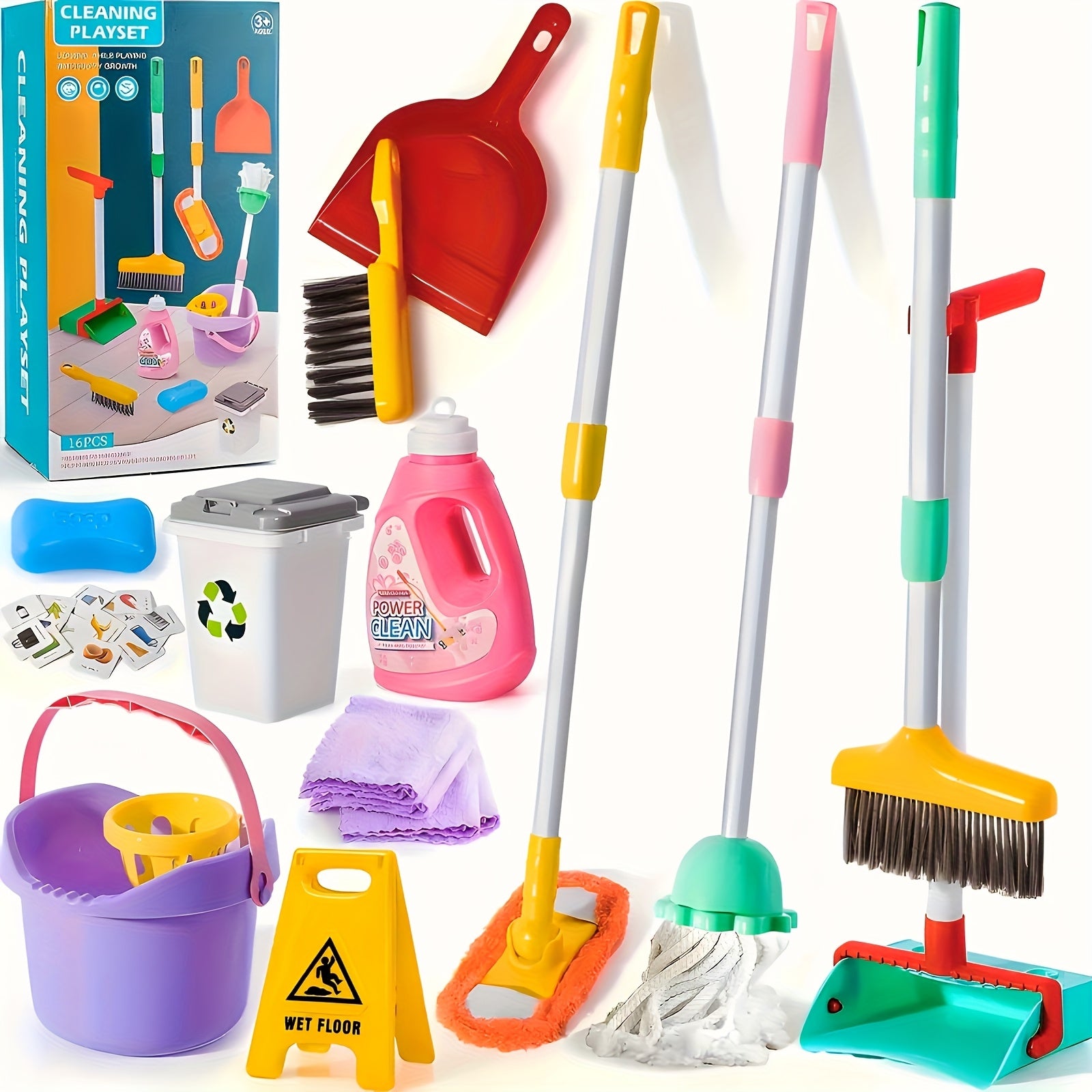 TEMU 16pcs Kids Cleaning Toy Set With Adjustable Mop, Broom & Dustpan - Cleaning Tools With Storage Bag, Safe Durable Plastic Role-play Toys For ,