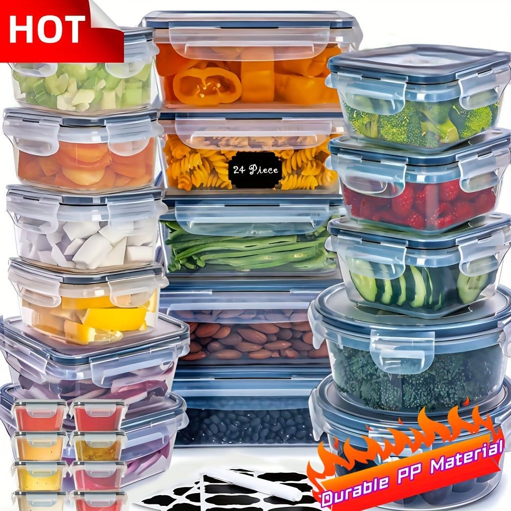TEMU 24pcs Transparent Kitchen Food Storage Container Set - Microwave Safe, Multipurpose Plastic Meal Prep Boxes With Lids + 24 Chalkboard Labels -