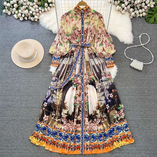 Palace Style for Women with High-end Feel, Stand Up Collar, Loose Long Sleeved Waist, Draped Feeling, Temperament, Printed Fairy Dress Lace