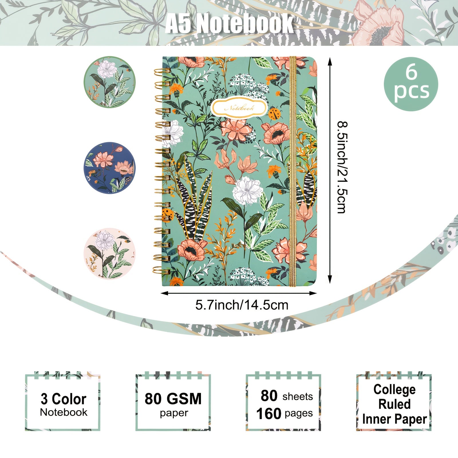TEMU Tomnk 6 Pack-12pack Journals, 5.7×8.5in Notebooks, Floral Designs, Hardcover Spiral Bound, College Ruled, 160 Pages Each – School Office Home