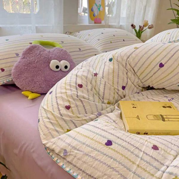 Ins Bedding Set Purple Love Stripe Double Layer Yarn Four Piece Dormitory Girl Heart Bed Sheet And Quilt Set Washed CottonC241021