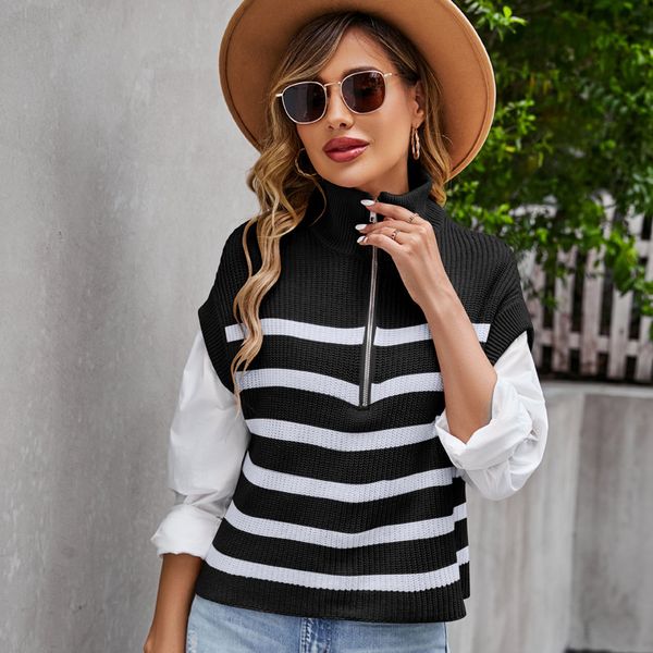 Spring new zipper collar striped knitted waistcoat knitting pullover vest turtleneck loose sleeveless sweater top for women