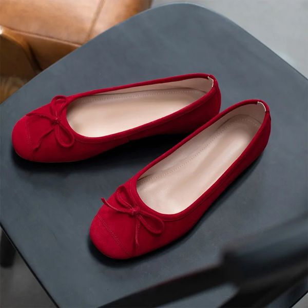 Slip on Footwear Low Heel TPR Bottom Chaussures Plates Womens Daily Ballet Flats Sheep Suede Flat Shoes with Bowtie 240106