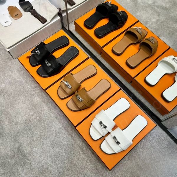 On sale~ Women Slides Lock Catch Sandal Slipper Designer Cowhide Slippers Beach Classic Flat Sandals Luxury Summer Lady Leather Flip Flops