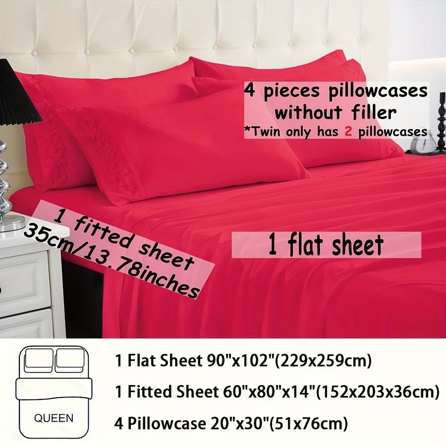 TEMU 4-6pcs Solid Color Bed Sheet Set Ultra Cooling Sheets-100% Microfiber-breathable-wrinkle Free With 2-4pcs Embroidery Swirl Pillowcase 1pc Fitted