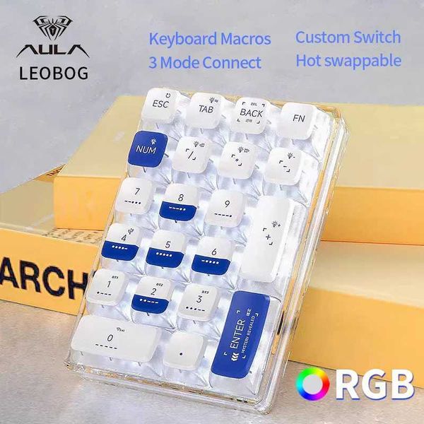 Keyboards LEOBOG K21 Mini Numerical Keyboard 21 Transparent Key Mechanical Numerical Keyboard 3 Mode Numerical Keyboard 600mAh RGB Light Gam