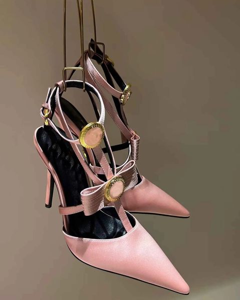 2024 Elegant Women Gianni Ribbon Cage Sandals Shoes Satin Black Pink Yellow Pointed Toe Pumps Party Wedding High Heeled Lady Slingback EU35-