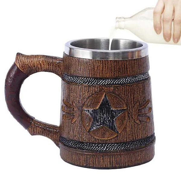 Vintage Beer Mug Wood Grain Drinking Cup 600ml Classical Stainless Steel Liner Vintage Medieval Handmade Natural Eco-FriendlyM240803