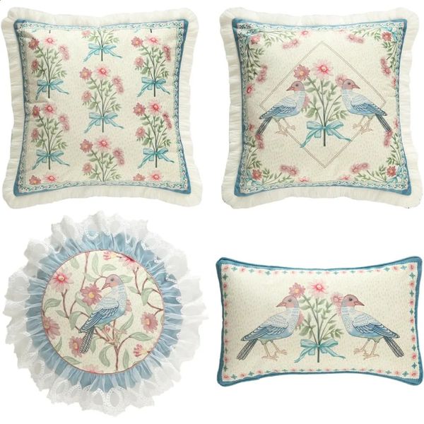 French countryside velvet throwing pillowcase elegant blue and pink floral pattern decorated waist pillowcase 241204