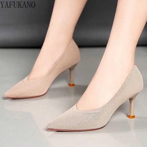 Ol Office Lady Shoes High Heels Knit Stretch Fabric Pumps Women Dress Shoes Black Basic Pump Pointed Toe zapatos mujer SpringC241219