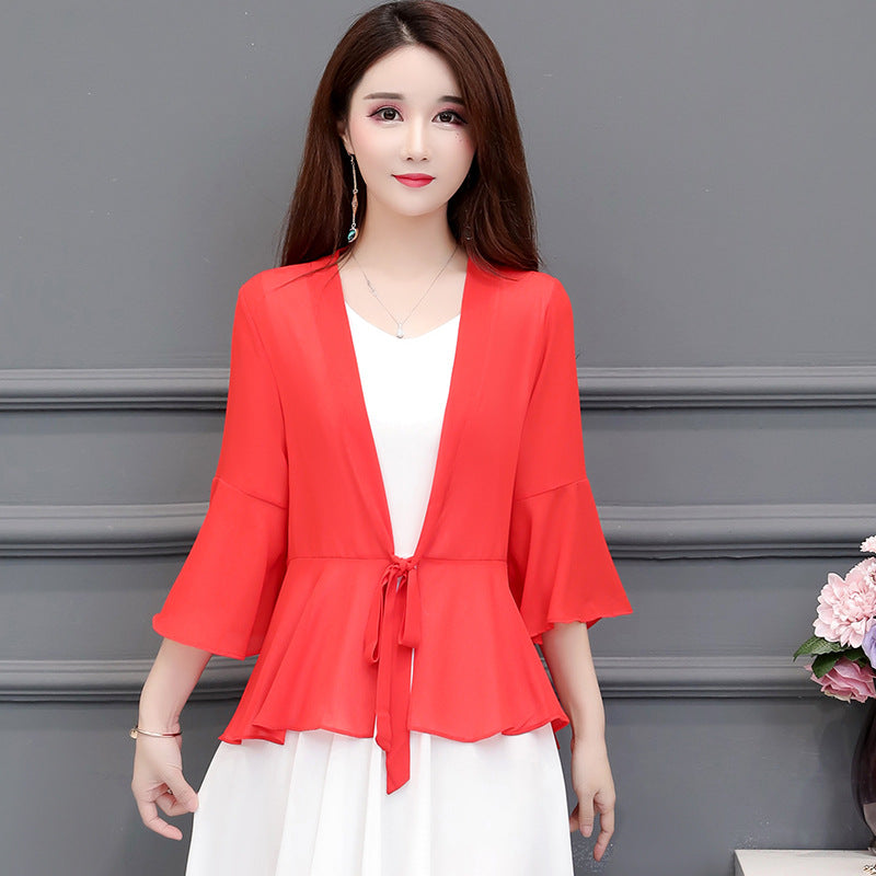 K900 Summer chiffon cardigan women&#039;s short sun protection clothes stylish outerwear tops versatile thin air-conditioning shirt small shawl coat