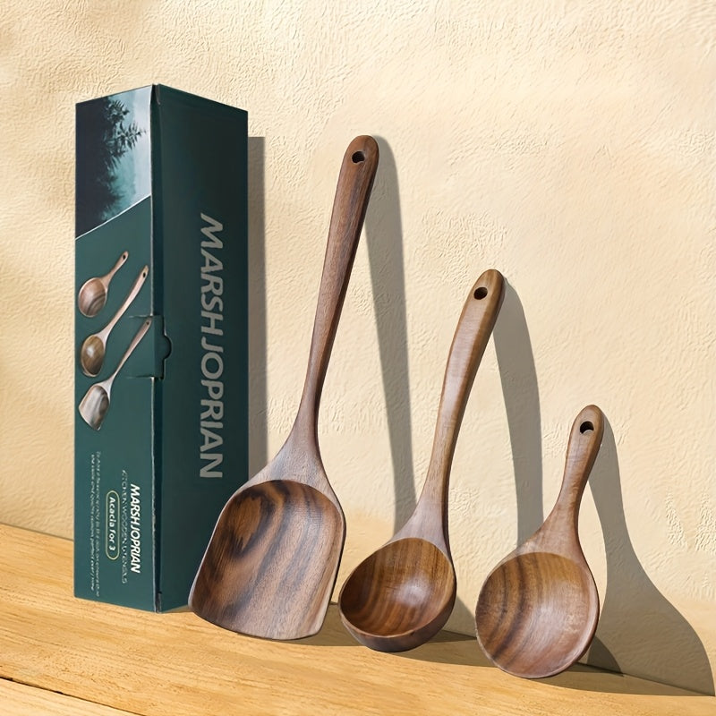 TEMU A Set Of Teak Solid Wood High Temperature Resistant Soup Spoon Rice Spoon Household Set, Kitchen Utensil Set, 3pcs Kitchen Cooking Set, For