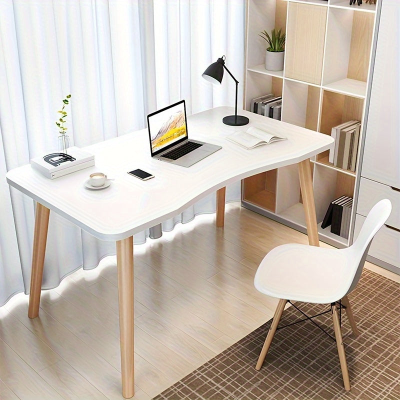 TEMU Modern White Study Desk With Curved Corners & Light Wood Legs - Multi-device Workstation For Gaming Setups, Small Space Offices And Apartment