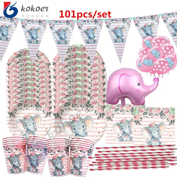 Disposable Flatware 1set 10-20people use Elephant Birthday Party Girl&#039;s Baby Shower Tableware Supplies pink Plates Napkins Banners Stra