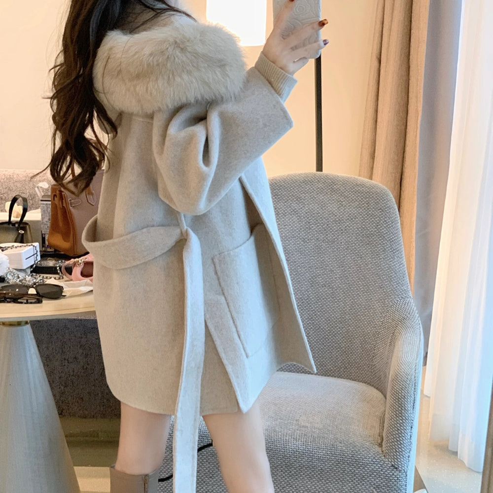 Women&#039;s Blends Women Winter Thicken Loose Cashmere Wool Coat with Belt Hooded Short Woolen Overcoat Outerwear Female 230130