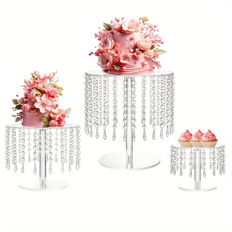 TEMU 2d Flat, Acrylic Wedding Cake Stand Set - 3 Pcs Clear Round Cupcake Stands Dessert Display With Pendants, For Wedding Event Birthday Party Baby