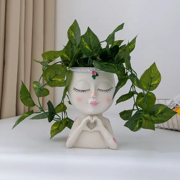 1pc Resin Love Gesture Girl Flower Pot with Drainage Hole for Indoor Outdoor Succulents Plant Statue Vase