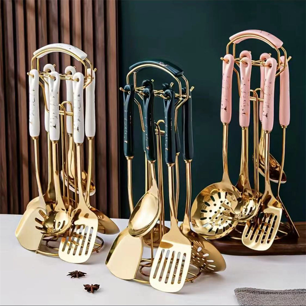 SUS 304 Kitchen Cooking Utensils Set, 7Pcs Kitchenware Sets with Hanging Shelf, Gold Cookware Utensils with Ceramic Handle, Heat Resistant Golden Ki