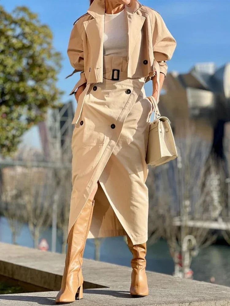Fashion Two Piece Sets Outfits Office Lady Tracksuit Street Wear Cargo Set Long Sleeve Jacket and Wrap High Split Skirts Suit 240822