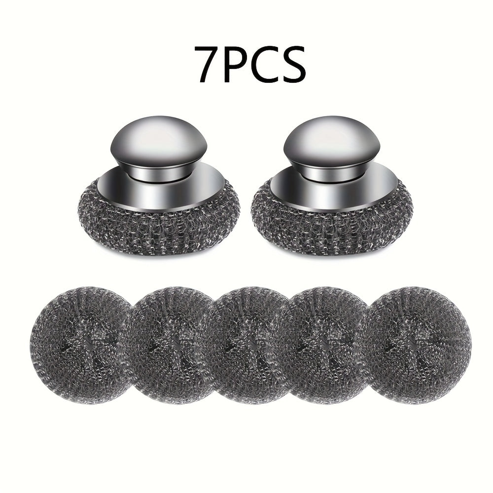 TEMU 2 Cleaning Brushes + 5 Replacement Pads Set – Stainless Steel Scrubber Kit For Cleaning Cast Iron, Cookware, Grills, , And More, And Replaceable