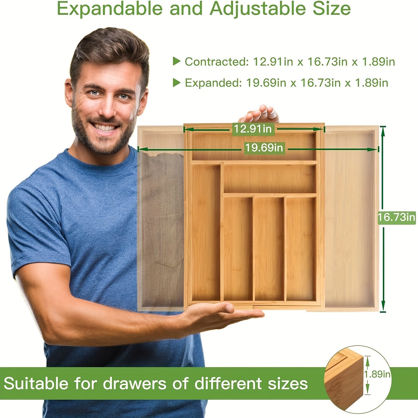 TEMU Loryergo Versatile Bamboo Expandable Drawer Organizer For Cutlery, Adjustable Tray, Wooden Drawer Dividers, Organize Silverware, Cutlery And