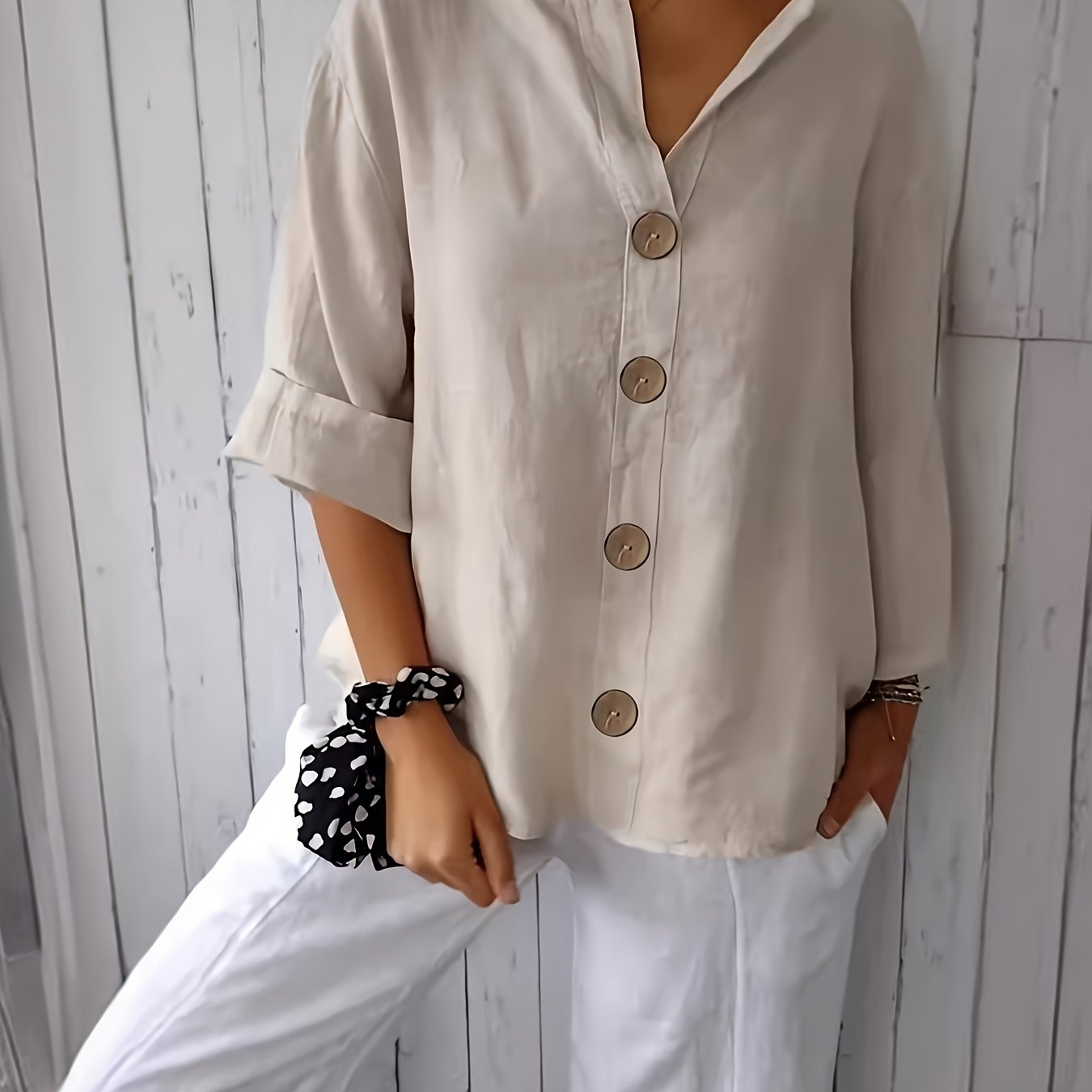 TEMU Women's V-neck Linen Shirt Top 3-4 Roll-up Sleeve Summer Casual Loose Solid Blouses Tunic Tops With Button