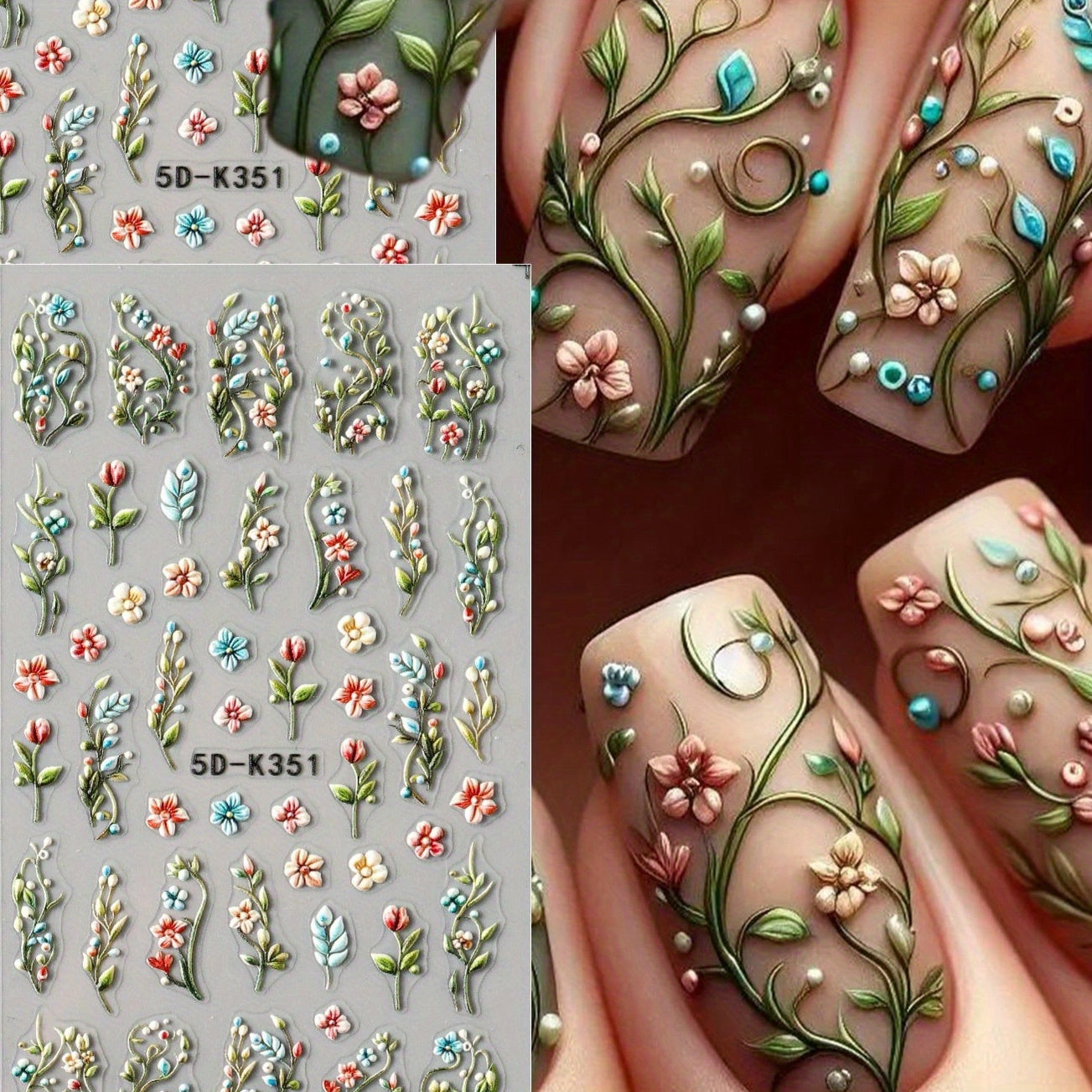 TEMU 2 Sheets 5d Embossed Green Nail Art Stickers - Self-adhesive Plastic Nail Decals With 3d , Vibrant Colors & Embroidery Detailing For Summer Nail