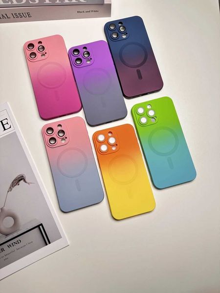 Gradient dual color magnetic liquid silicone phone case suitable for iPhone 12 13 14 15 16 Pro Max PlusPrecision hole mirror head cover M241