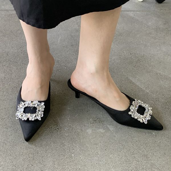 Slippers End 2022 Woman Silk High Heels Pointed Toe Mules Rhie Buckle Shoes Ladies Dress Sandalias Traf Slides