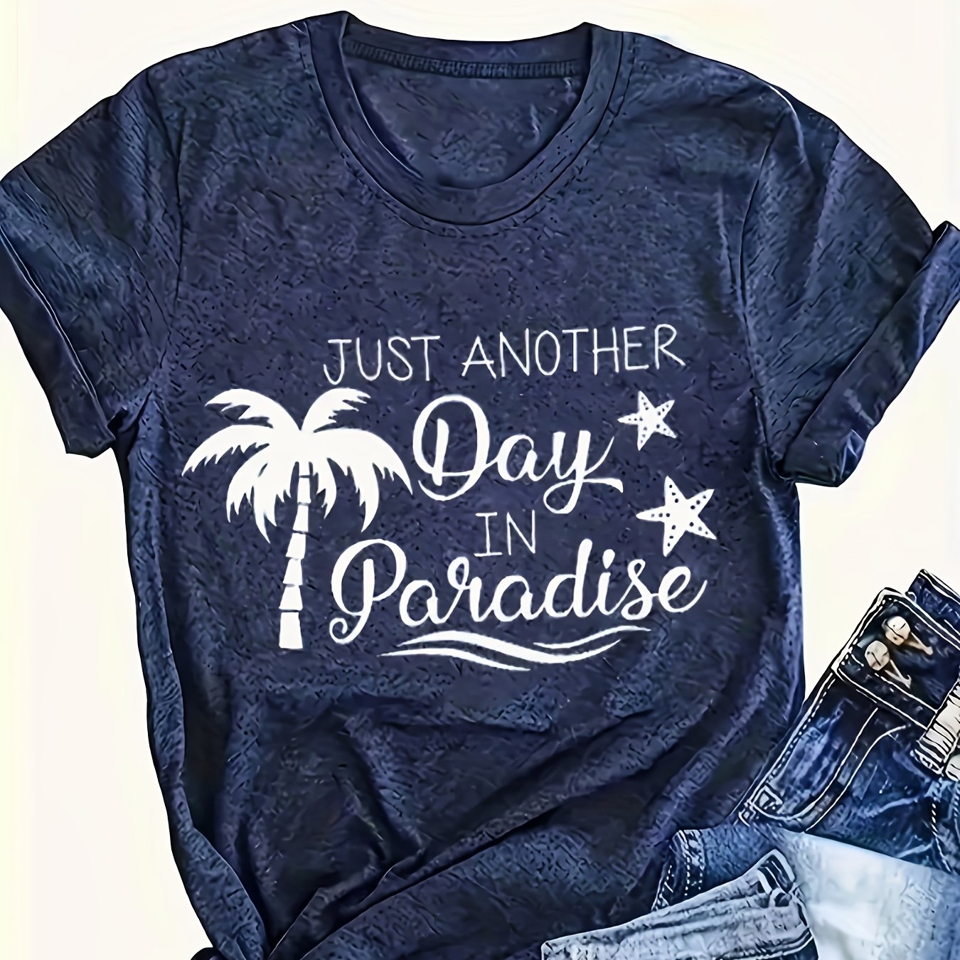 TEMU Plus Size, Women's Plus Size Tropical Paradise Graphic T-shirt - Vibrant Red With Tree & " Day In Paradise" Lettering, Casual Round Neck Short