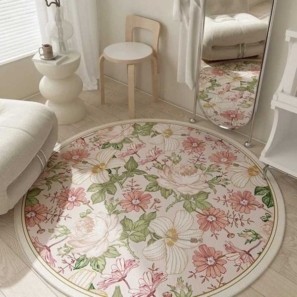 Living room dressing table circular carpet bedroom comfortable non slip floor mat retro American pink floral carpet X241024